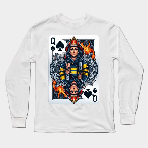 Female Firefighter Playing Card Queen Of Spades Long Sleeve T-Shirt by Dmytro